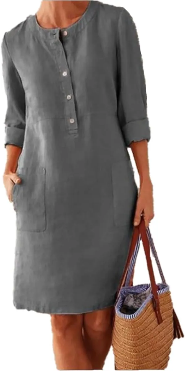 Women's Casual Cotton Linen Dress with Pockets Spring Summer Long Sleeve Dresses Button Down Crewneck Shirt Dress