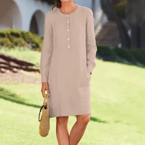 Women's Casual Cotton Linen Dress with Pockets Spring Summer Long Sleeve Dresses Button Down Crewneck Shirt Dress