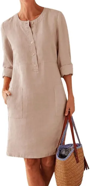 Women's Casual Cotton Linen Dress with Pockets Spring Summer Long Sleeve Dresses Button Down Crewneck Shirt Dress