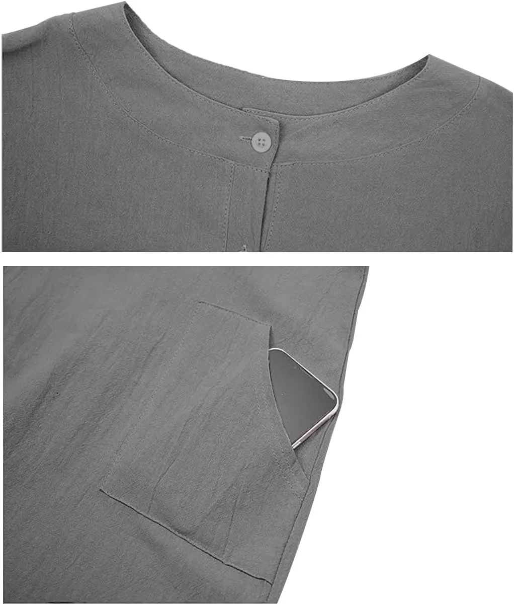 Women's Casual Cotton Linen Dress with Pockets Spring Summer Long Sleeve Dresses Button Down Crewneck Shirt Dress