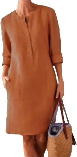 Women's Casual Cotton Linen Dress with Pockets Spring Summer Long Sleeve Dresses Button Down Crewneck Shirt Dress