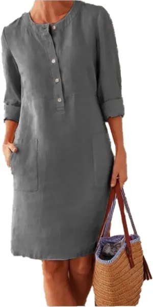 Women's Casual Cotton Linen Dress with Pockets Spring Summer Long Sleeve Dresses Button Down Crewneck Shirt Dress
