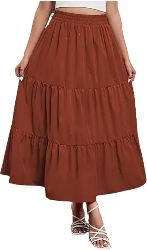 Women's Casual Elastic High Waist Skirt Boho Flowy Swing Tiered Long Skirts Ruffle A-Line Skirt 2025 Fashion