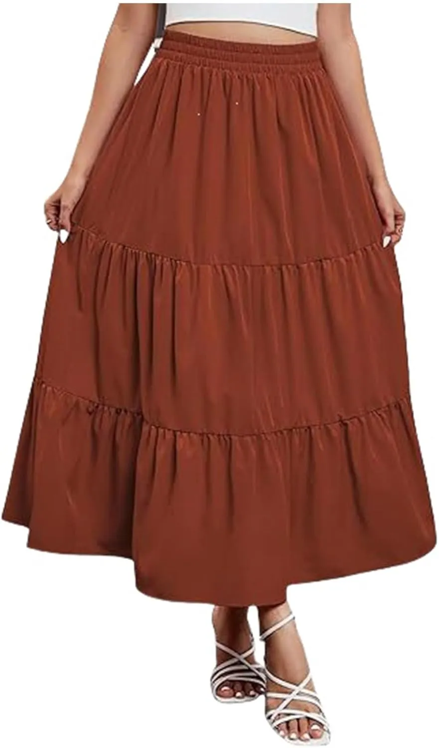 Women's Casual Elastic High Waist Skirt Boho Flowy Swing Tiered Long Skirts Ruffle A-Line Skirt 2025 Fashion