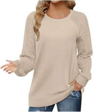 Womens Casual Hoodie Sweater Loose Crewneck Ribbed Knit Patchwork Long Sleeve Dressy Tops Solid Commute Work Pullover