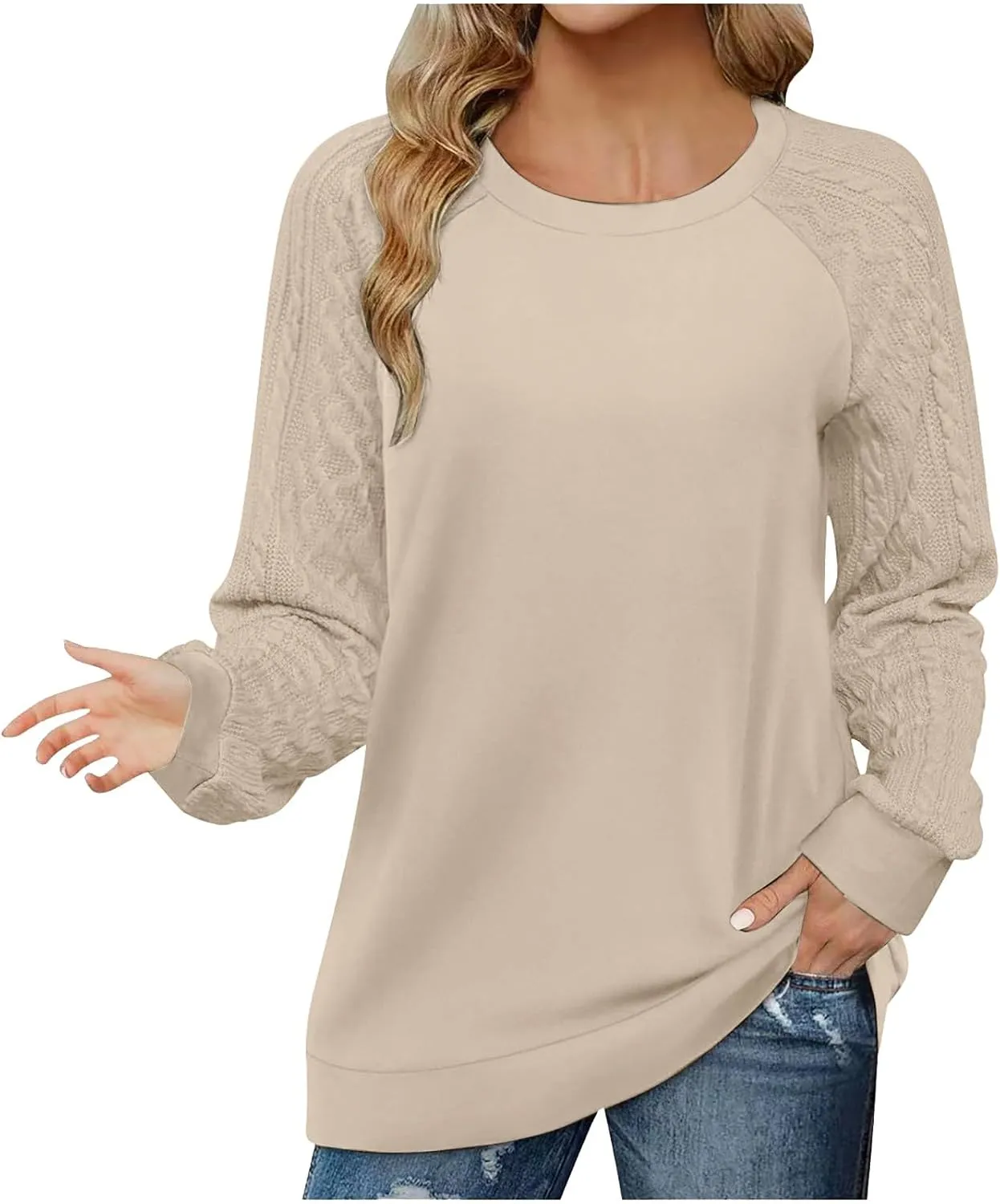 Womens Casual Hoodie Sweater Loose Crewneck Ribbed Knit Patchwork Long Sleeve Dressy Tops Solid Commute Work Pullover