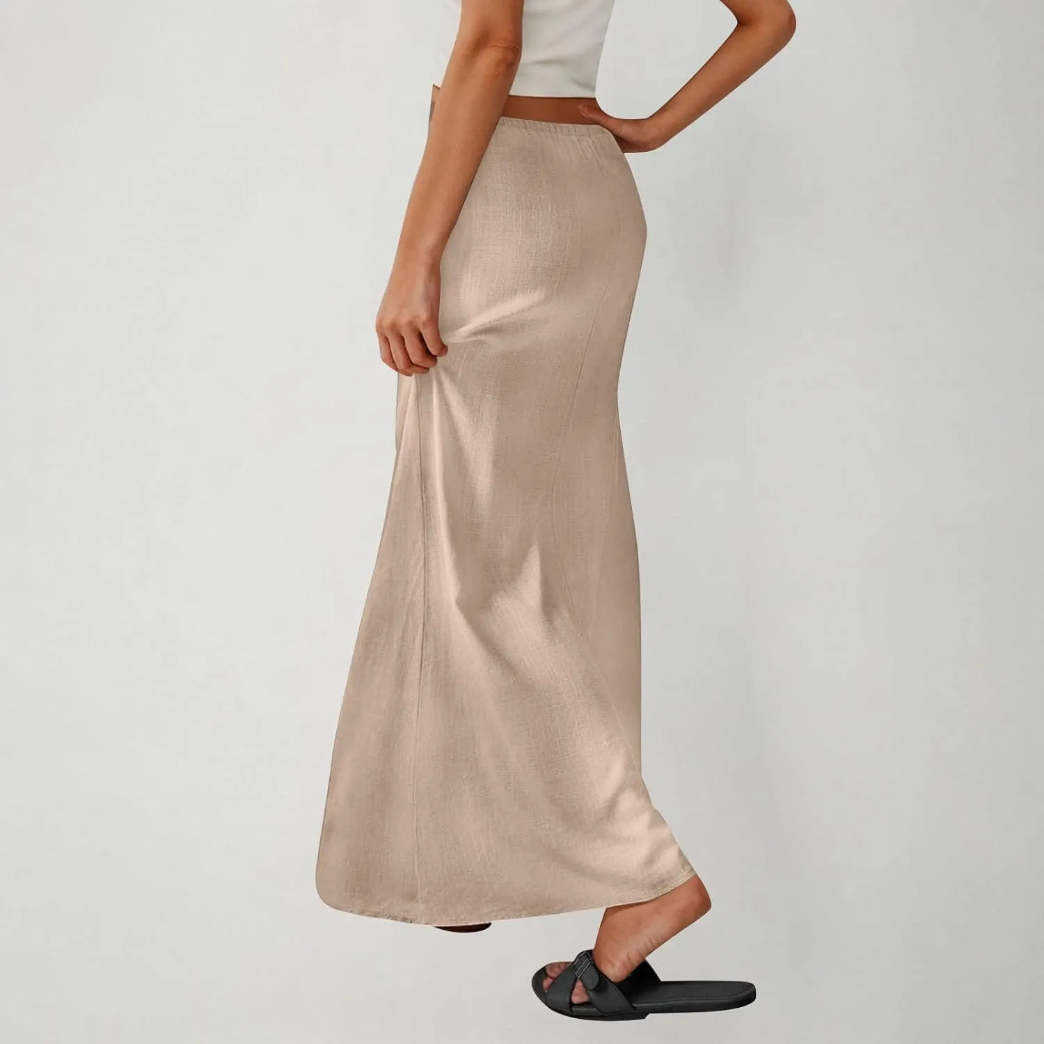 Womens Casual Maxi Skirts 2025 Summer Trendy Long Skirt Drawstring Waist Beach Vacation Soft Comfy Solid Work Clothes