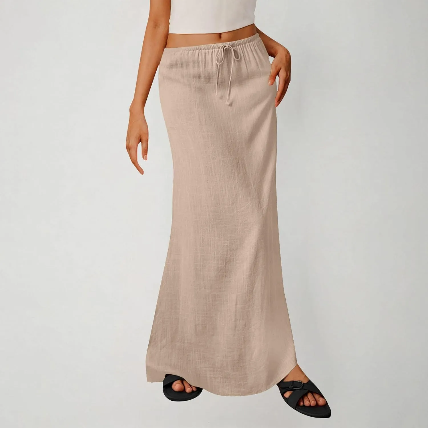 Womens Casual Maxi Skirts 2025 Summer Trendy Long Skirt Drawstring Waist Beach Vacation Soft Comfy Solid Work Clothes