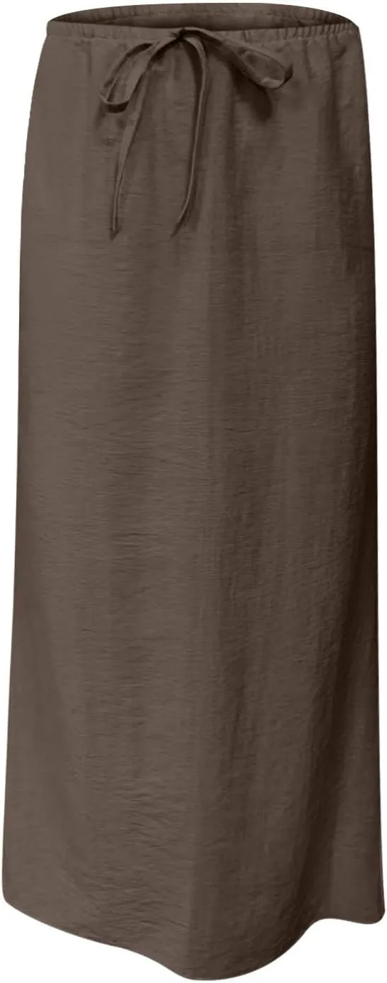 Womens Casual Maxi Skirts 2025 Summer Trendy Long Skirt Drawstring Waist Beach Vacation Soft Comfy Solid Work Clothes