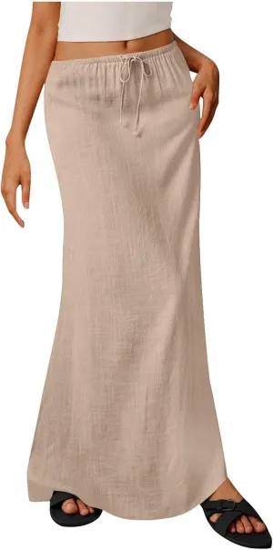 Womens Casual Maxi Skirts 2025 Summer Trendy Long Skirt Drawstring Waist Beach Vacation Soft Comfy Solid Work Clothes