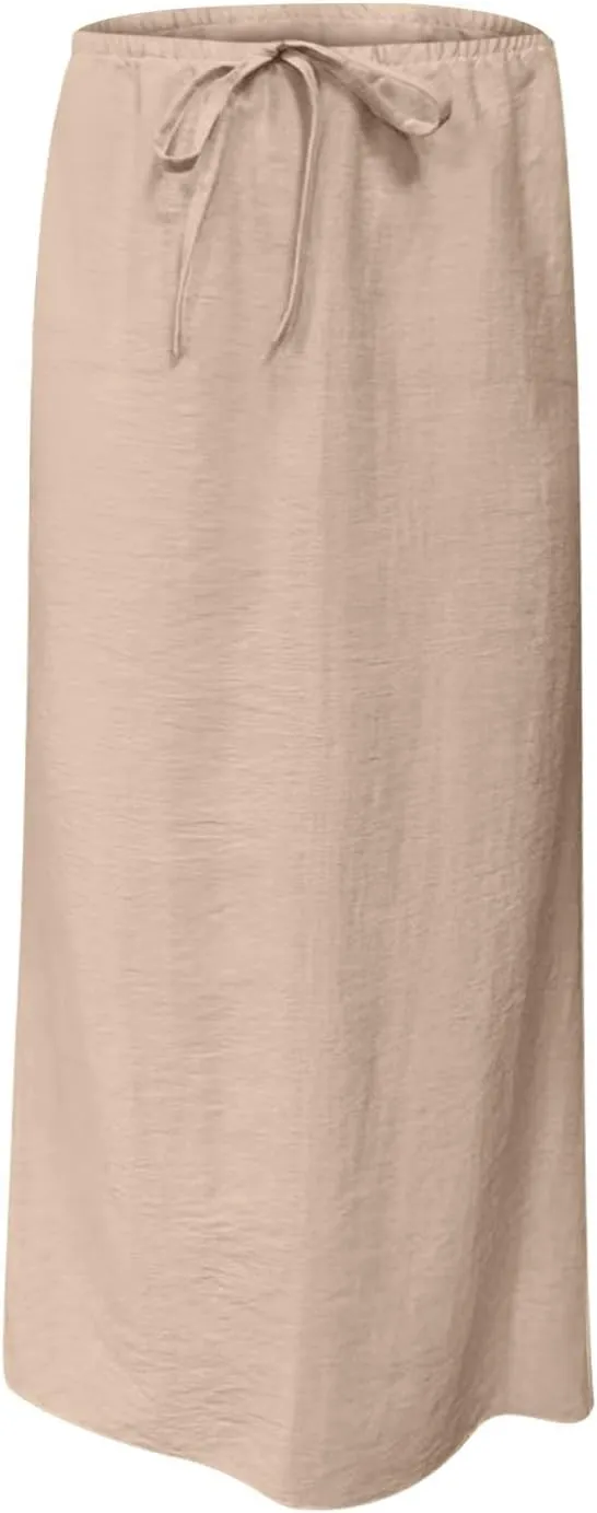 Womens Casual Maxi Skirts 2025 Summer Trendy Long Skirt Drawstring Waist Beach Vacation Soft Comfy Solid Work Clothes