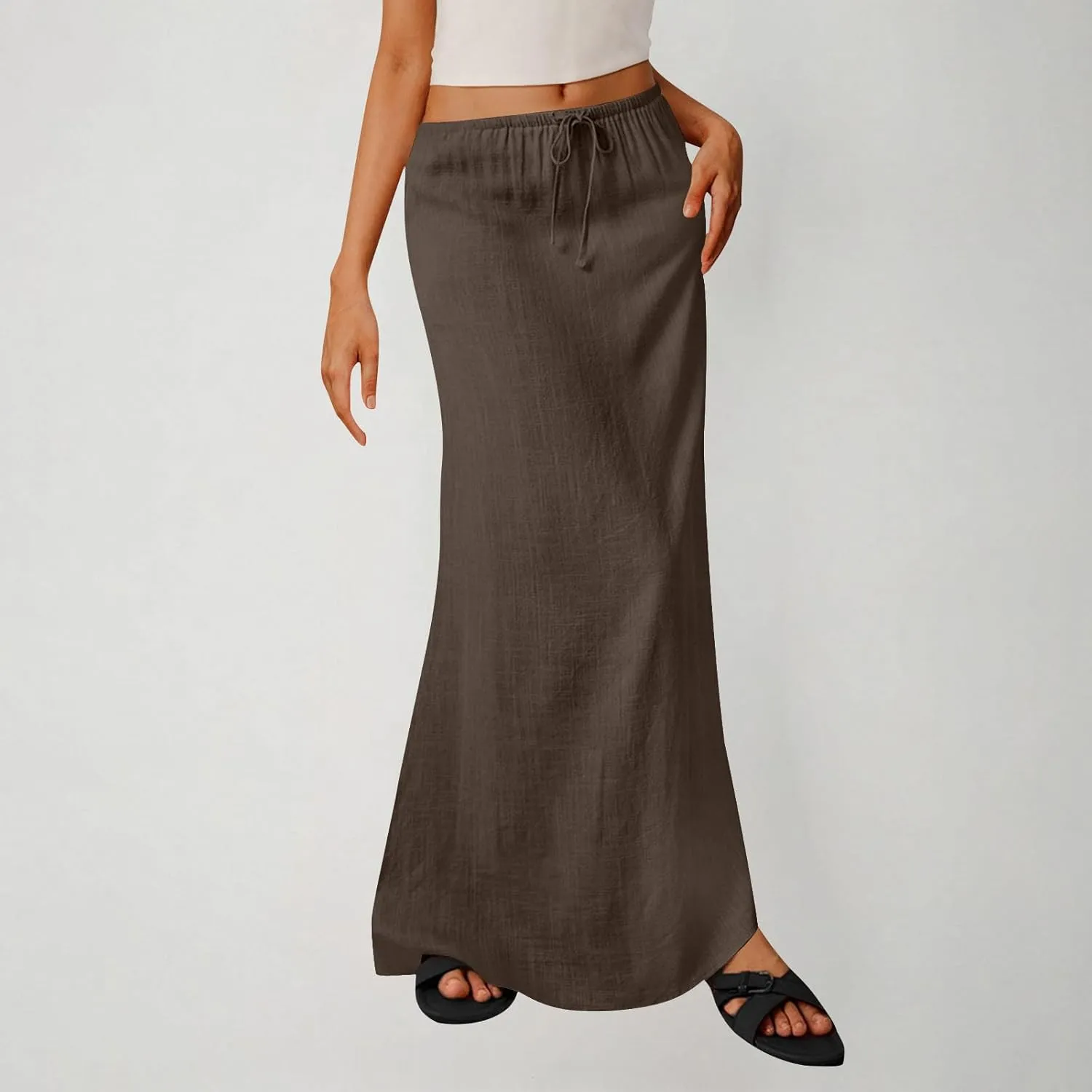 Womens Casual Maxi Skirts 2025 Summer Trendy Long Skirt Drawstring Waist Beach Vacation Soft Comfy Solid Work Clothes
