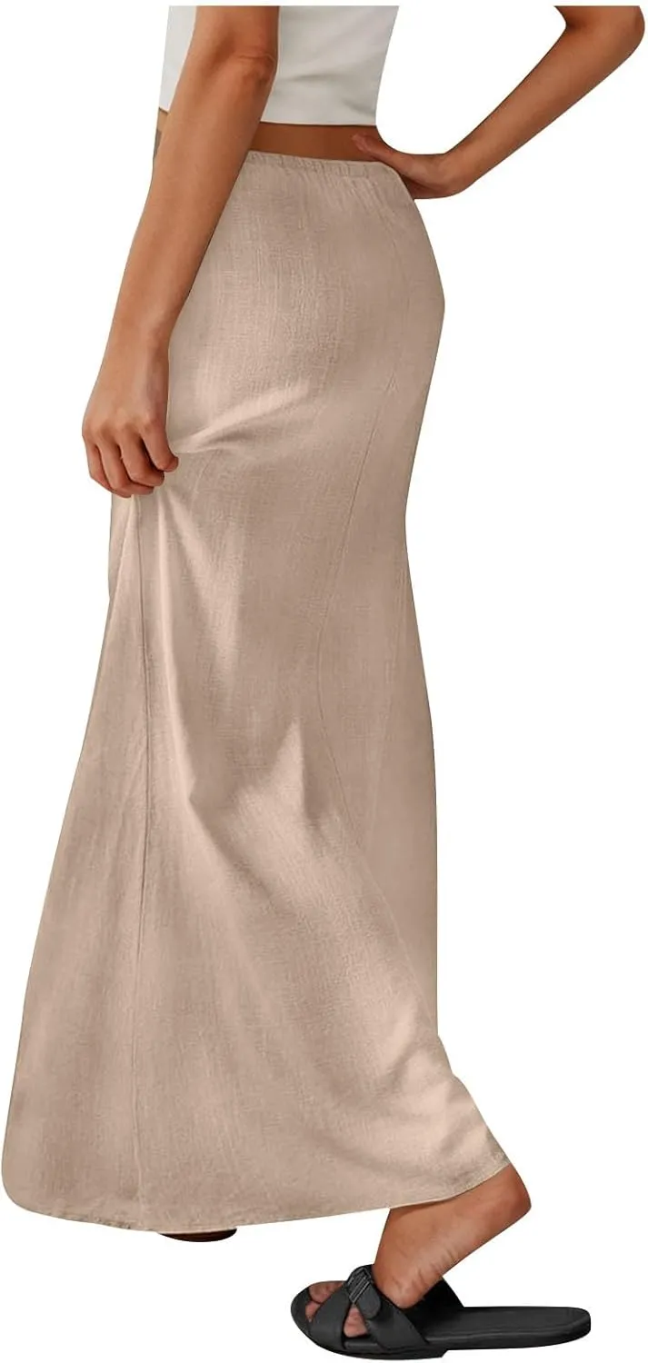 Womens Casual Maxi Skirts 2025 Summer Trendy Long Skirt Drawstring Waist Beach Vacation Soft Comfy Solid Work Clothes