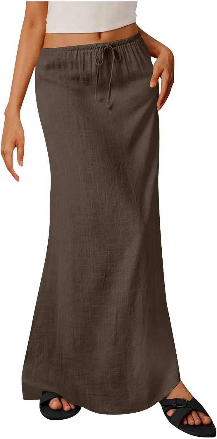 Womens Casual Maxi Skirts 2025 Summer Trendy Long Skirt Drawstring Waist Beach Vacation Soft Comfy Solid Work Clothes