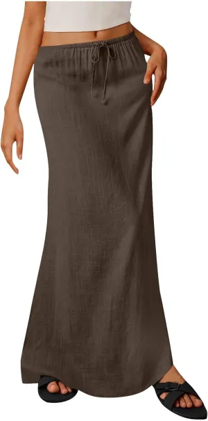 Womens Casual Maxi Skirts 2025 Summer Trendy Long Skirt Drawstring Waist Beach Vacation Soft Comfy Solid Work Clothes