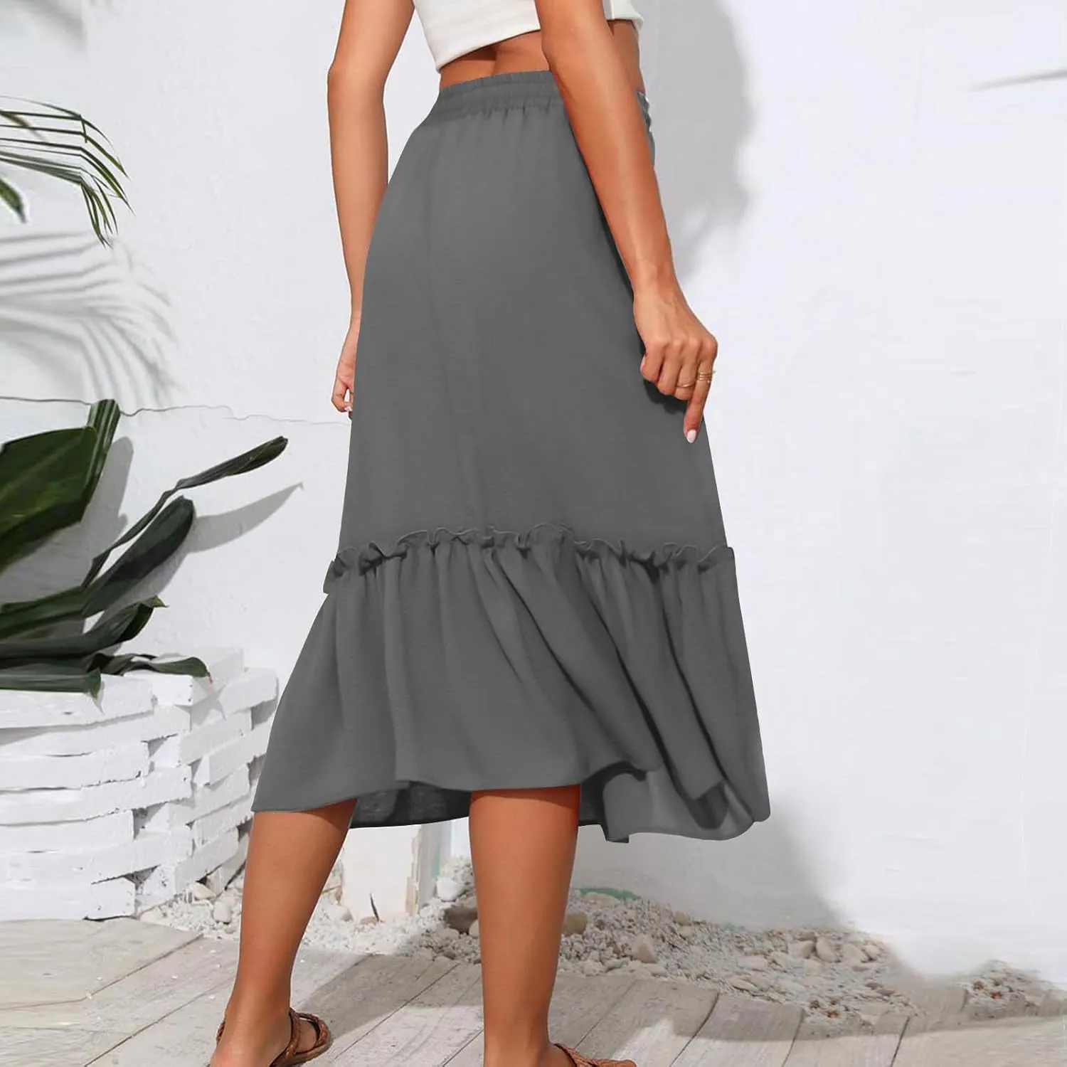 Womens Causal Ruffle Summer Beach Midi Skirts Trendy Elastic High Waisted Flowy A-Line Boho Long Skirt with Pockets