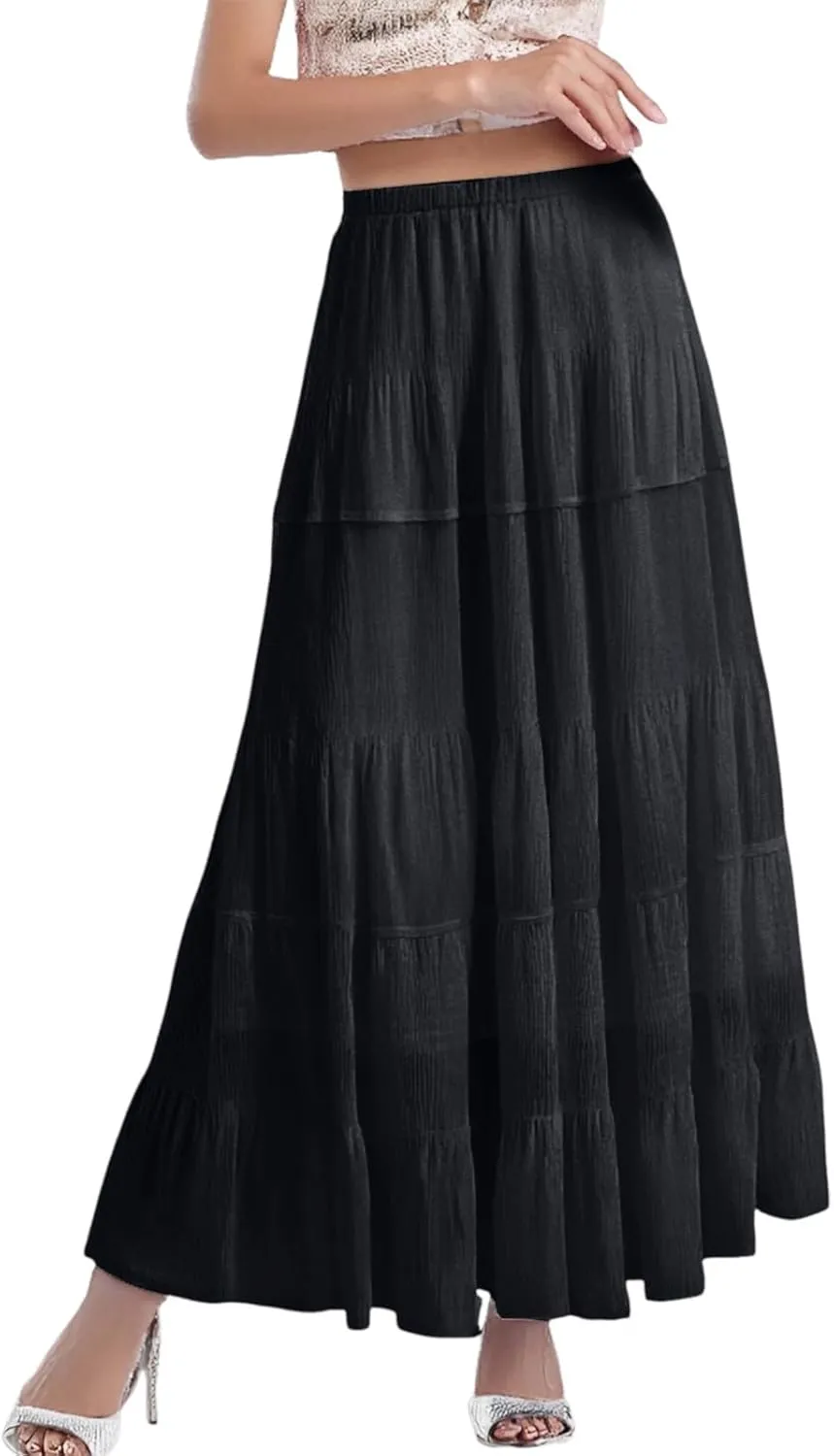Women's Chiffon White Flowy Maxi Skirts Boho Summer Elastic Waisted Pleated A Line Long Skirt for Women 2025