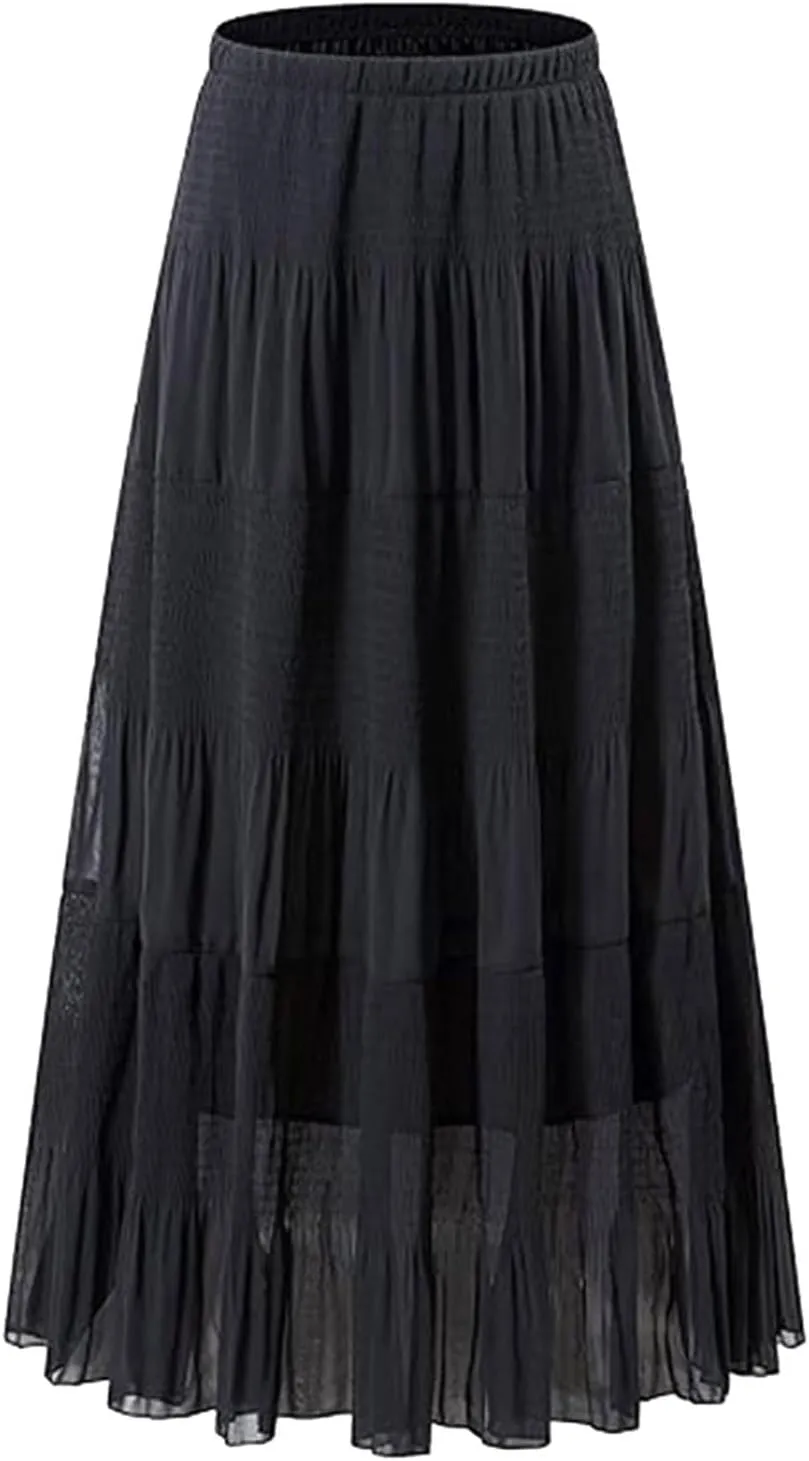 Women's Chiffon White Flowy Maxi Skirts Boho Summer Elastic Waisted Pleated A Line Long Skirt for Women 2025