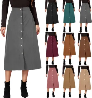 Womens Corduroy Long Skirts High Waist A-Line Vintage Corduroy Midi Skirt Button Front Straight Casual Fall Skirt