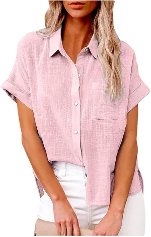 Womens Cotton Button Down Shirts 2024 Dressy Casual Summer Tops Short Sleeve V Neck Collared Blouses Trendy Cute Tees Tshirt