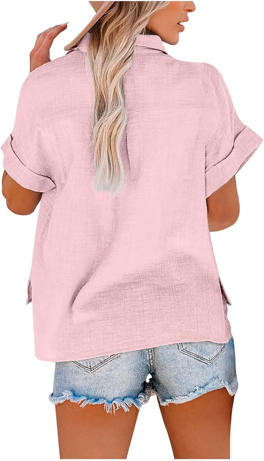 Womens Cotton Button Down Shirts 2024 Dressy Casual Summer Tops Short Sleeve V Neck Collared Blouses Trendy Cute Tees Tshirt