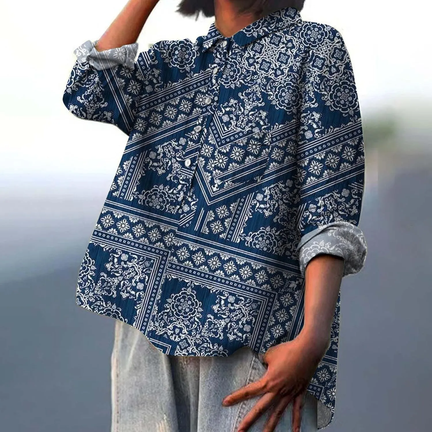 Womens Cotton Button Down Shirts Long Sleeve Collared Tops Work Office Blouse Shirt Summer Tops Casual Tunic Blouse