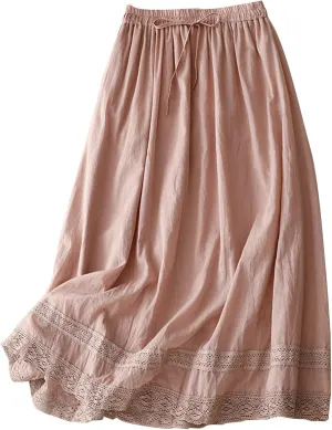 Womens Cotton Linen Skirts Summer Flowy Skirts Elastic High Waist Long Skirts Casual Vacation Outfits A Line Skirts
