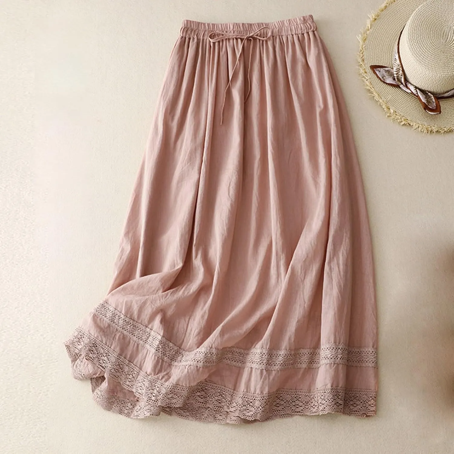 Womens Cotton Linen Skirts Summer Flowy Skirts Elastic High Waist Long Skirts Casual Vacation Outfits A Line Skirts