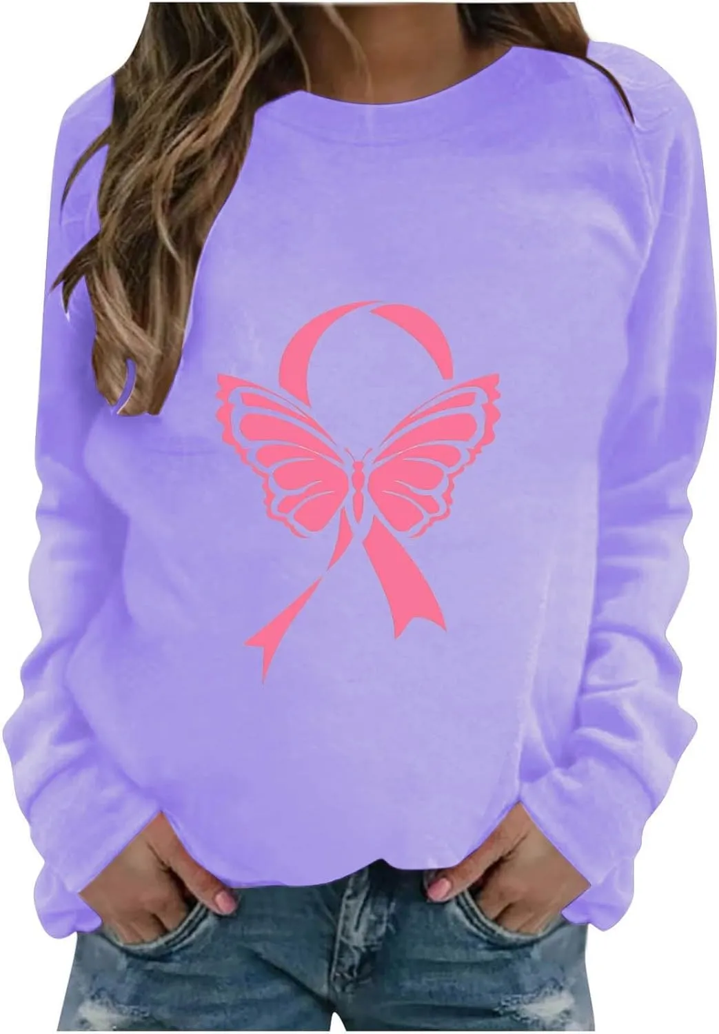 Womens Crewneck Oversized Sweatshirts Pink Ribbon Butterfly Print Shirts for Women Fall Tunic Tops Soft Cute Clothes