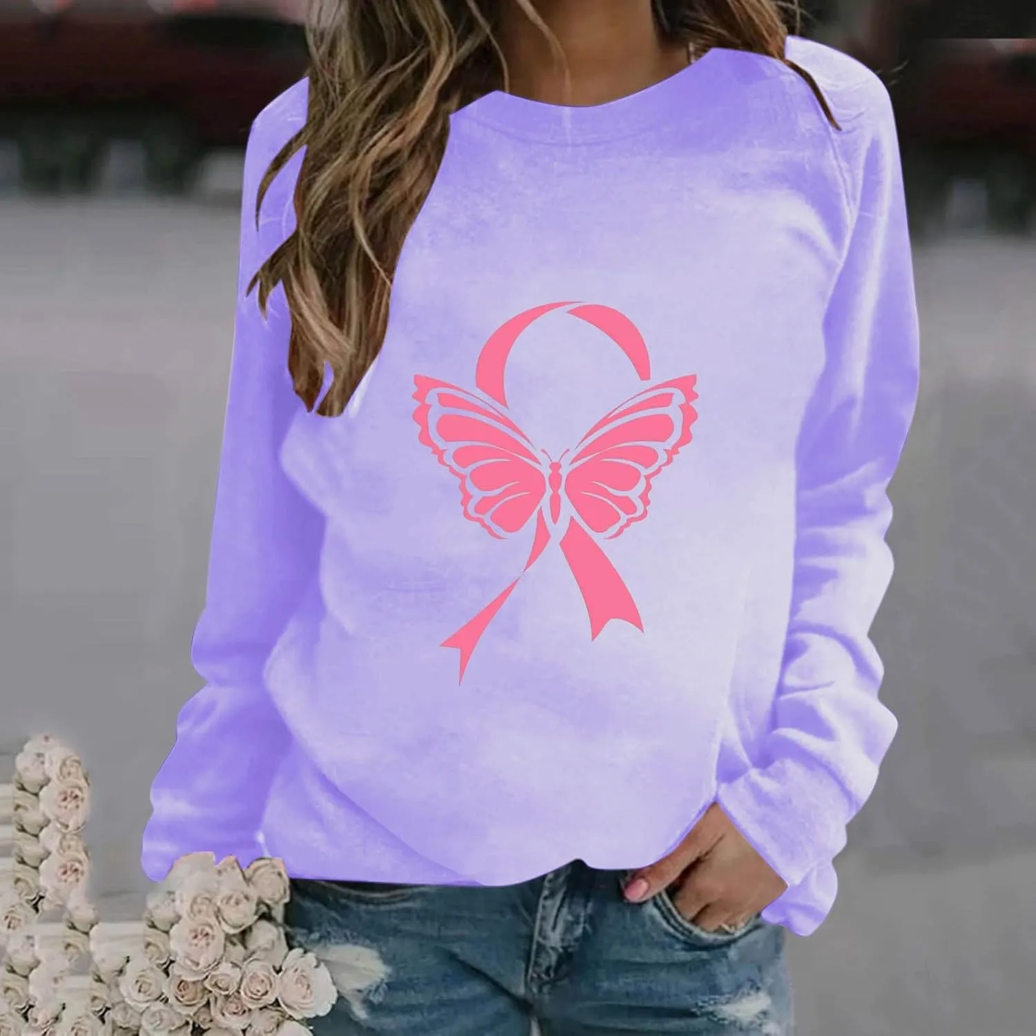 Womens Crewneck Oversized Sweatshirts Pink Ribbon Butterfly Print Shirts for Women Fall Tunic Tops Soft Cute Clothes
