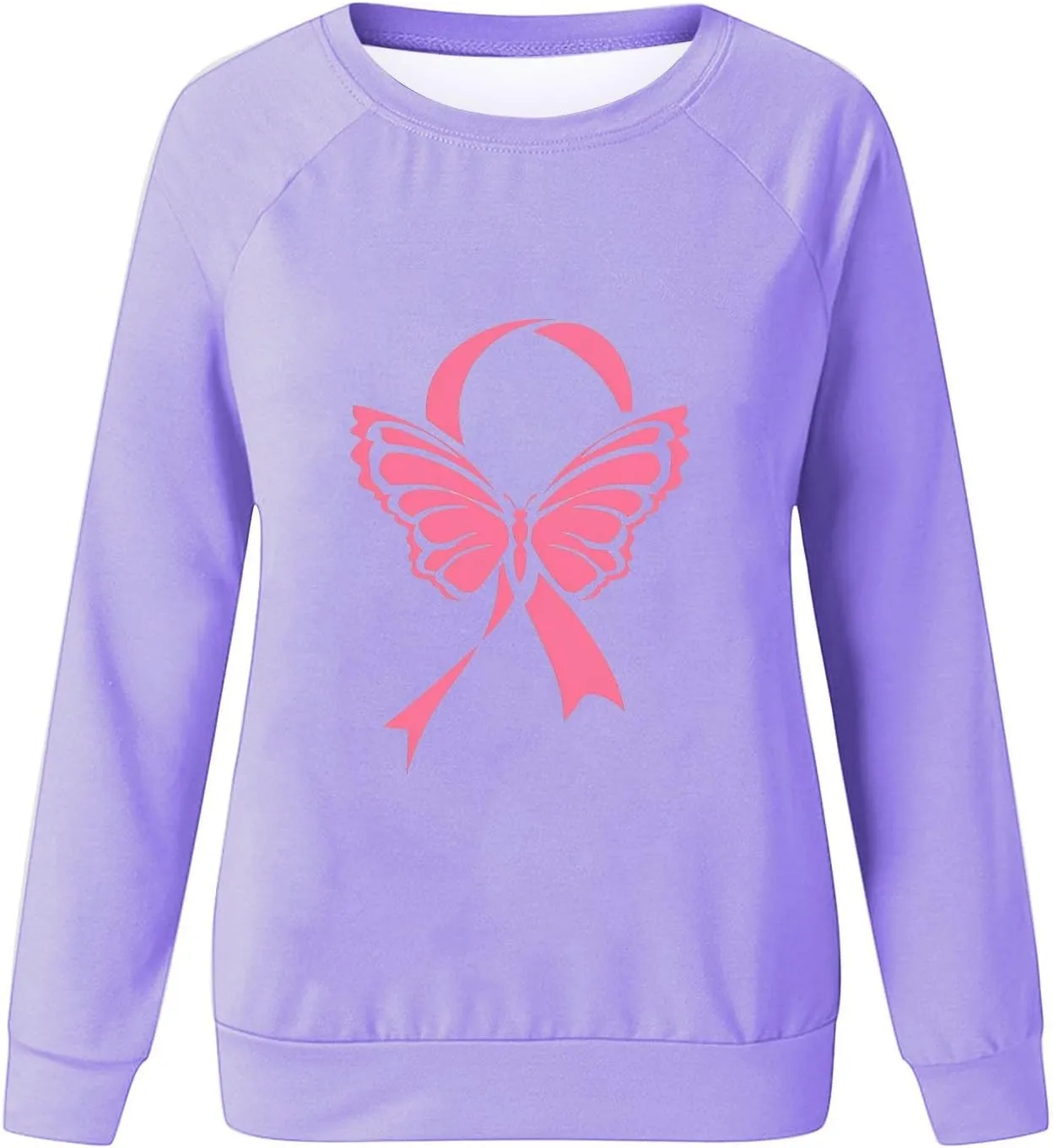 Womens Crewneck Oversized Sweatshirts Pink Ribbon Butterfly Print Shirts for Women Fall Tunic Tops Soft Cute Clothes