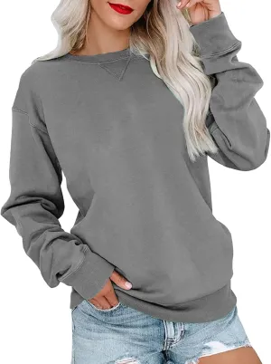 Womens Crewneck Sweatshrits Loose Casual Long Sleeve Solid Color Drop Shoulder Pullover Hoodies Fall Relaxed Fit Tops