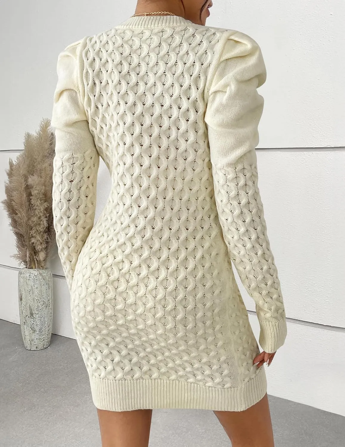 Women's Cute Cable Knit Mini Sweater Dress Fall 2024 Ladies Dressy Casual Chunky Crewneck Puff Long Sleeve Dresses