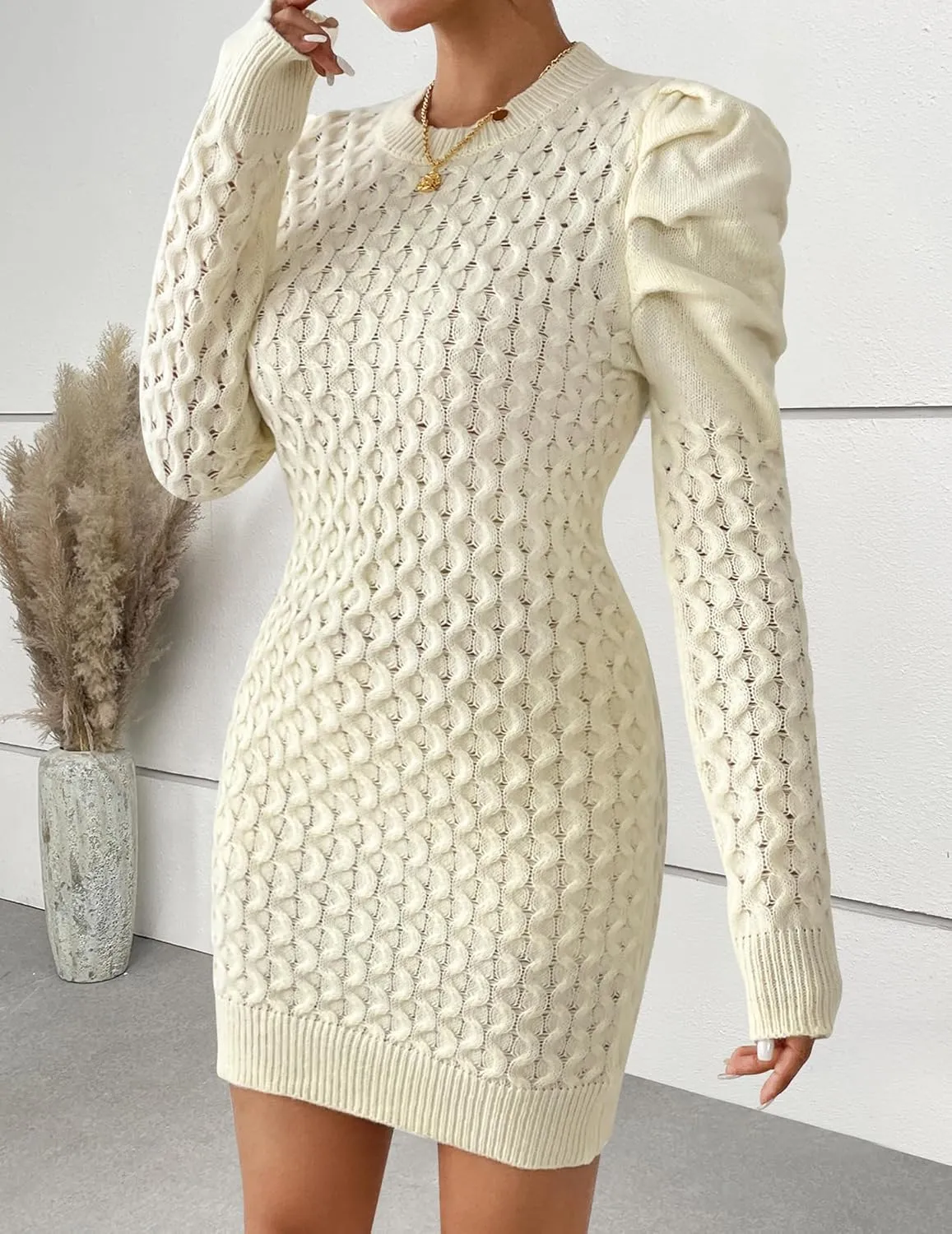 Women's Cute Cable Knit Mini Sweater Dress Fall 2024 Ladies Dressy Casual Chunky Crewneck Puff Long Sleeve Dresses