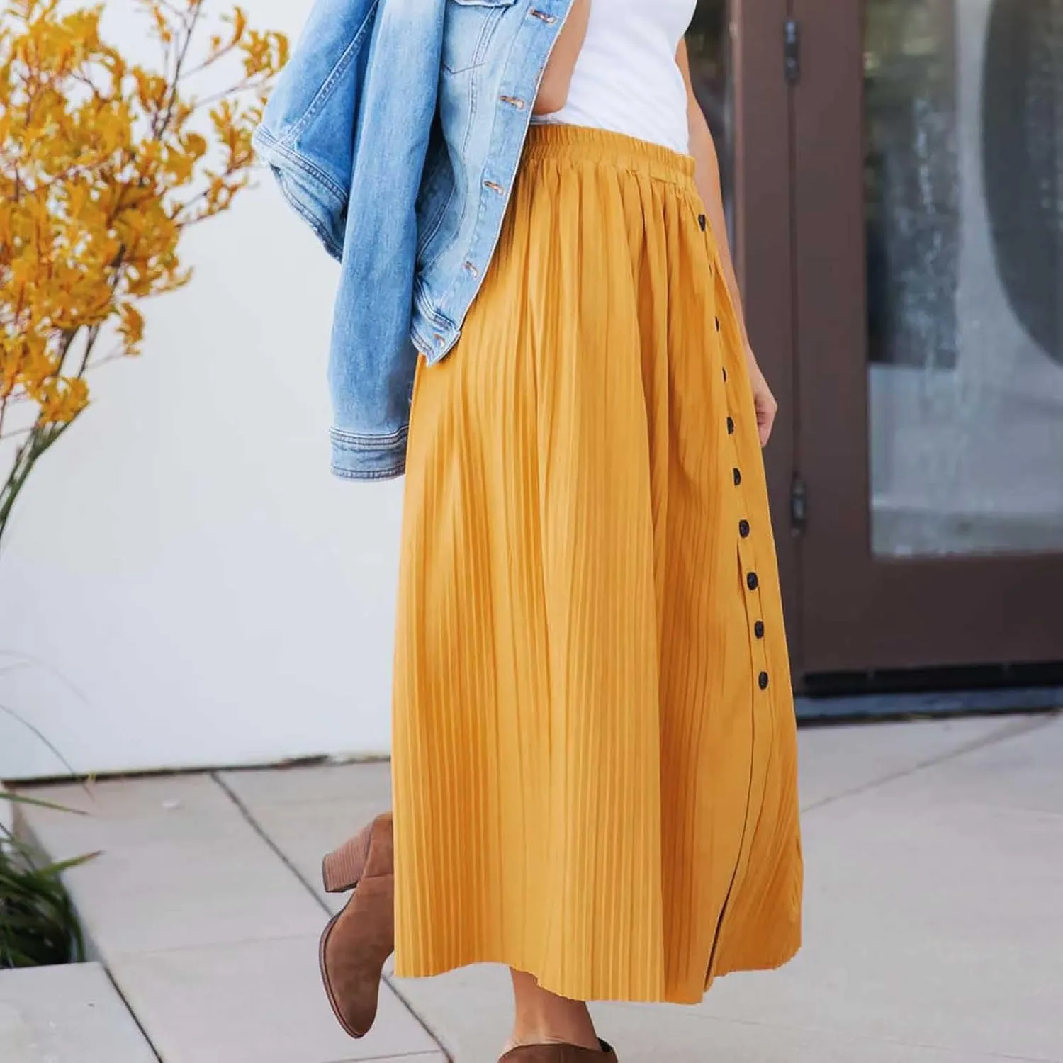 Women's Elastic High Waist Pleated A-Line Midi Skirts Dressy Casual Trendy Button Down Business Work Long Skirt