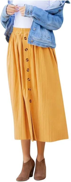 Women's Elastic High Waist Pleated A-Line Midi Skirts Dressy Casual Trendy Button Down Business Work Long Skirt