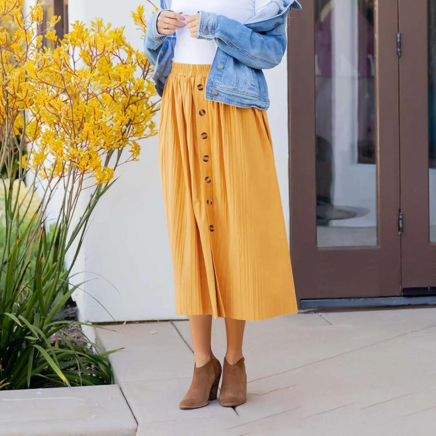 Women's Elastic High Waist Pleated A-Line Midi Skirts Dressy Casual Trendy Button Down Business Work Long Skirt