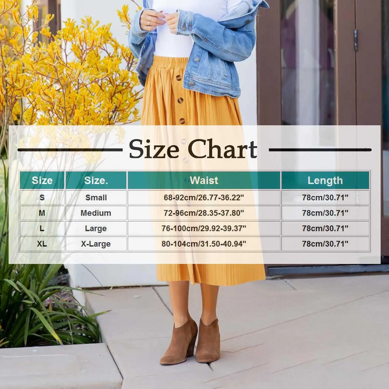 Women's Elastic High Waist Pleated A-Line Midi Skirts Dressy Casual Trendy Button Down Business Work Long Skirt
