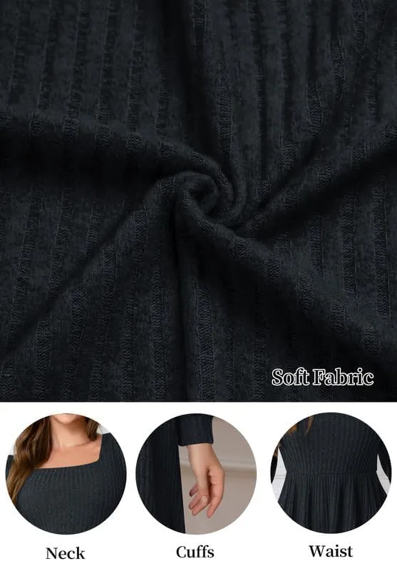 Womens Fall Dresses Knit Sweater Dress with Pockets Square Neck Long Sleeve Dresses with Pockets