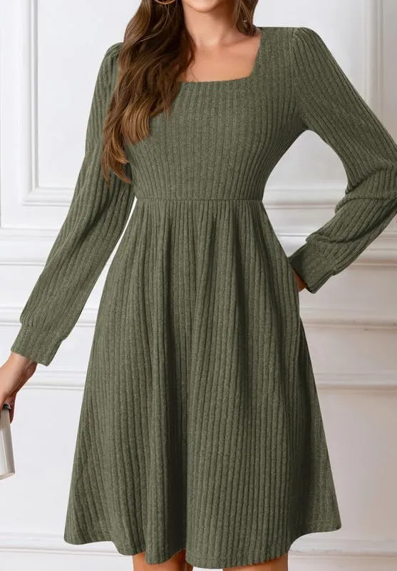 Womens Fall Dresses Knit Sweater Dress with Pockets Square Neck Long Sleeve Dresses with Pockets