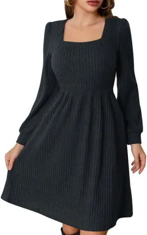 Womens Fall Dresses Knit Sweater Dress with Pockets Square Neck Long Sleeve Dresses with Pockets