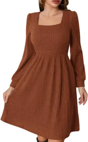 Womens Fall Dresses Knit Sweater Dress with Pockets Square Neck Long Sleeve Dresses with Pockets