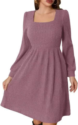 Womens Fall Dresses Knit Sweater Dress with Pockets Square Neck Long Sleeve Dresses with Pockets