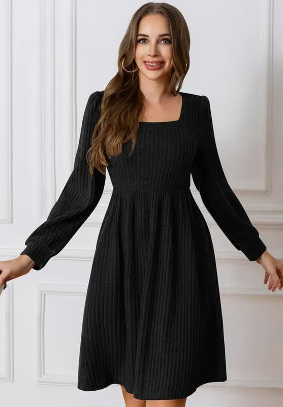 Womens Fall Dresses Knit Sweater Dress with Pockets Square Neck Long Sleeve Dresses with Pockets