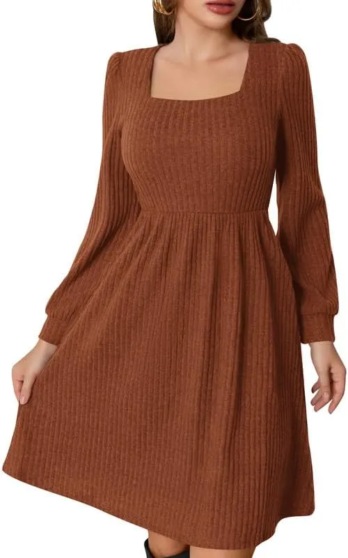 Womens Fall Dresses Knit Sweater Dress with Pockets Square Neck Long Sleeve Dresses with Pockets