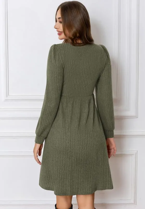 Womens Fall Dresses Knit Sweater Dress with Pockets Square Neck Long Sleeve Dresses with Pockets