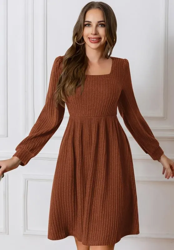 Womens Fall Dresses Knit Sweater Dress with Pockets Square Neck Long Sleeve Dresses with Pockets