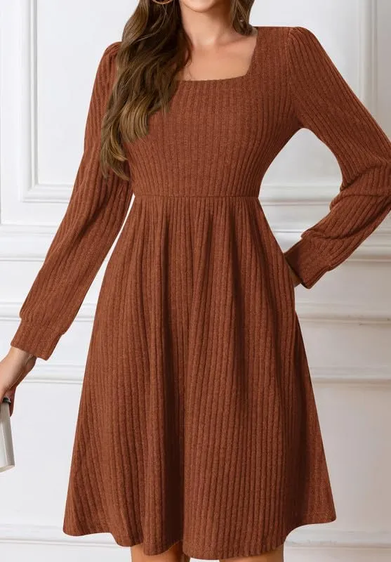 Womens Fall Dresses Knit Sweater Dress with Pockets Square Neck Long Sleeve Dresses with Pockets