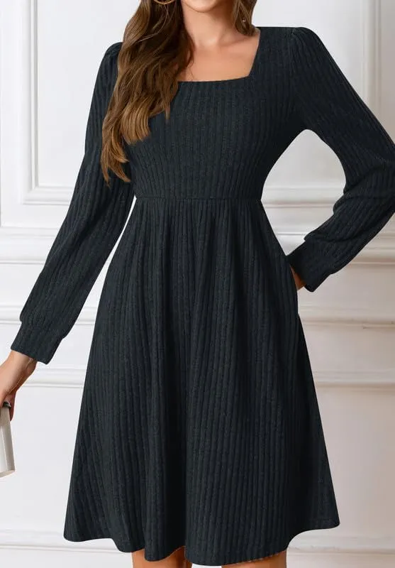 Womens Fall Dresses Knit Sweater Dress with Pockets Square Neck Long Sleeve Dresses with Pockets