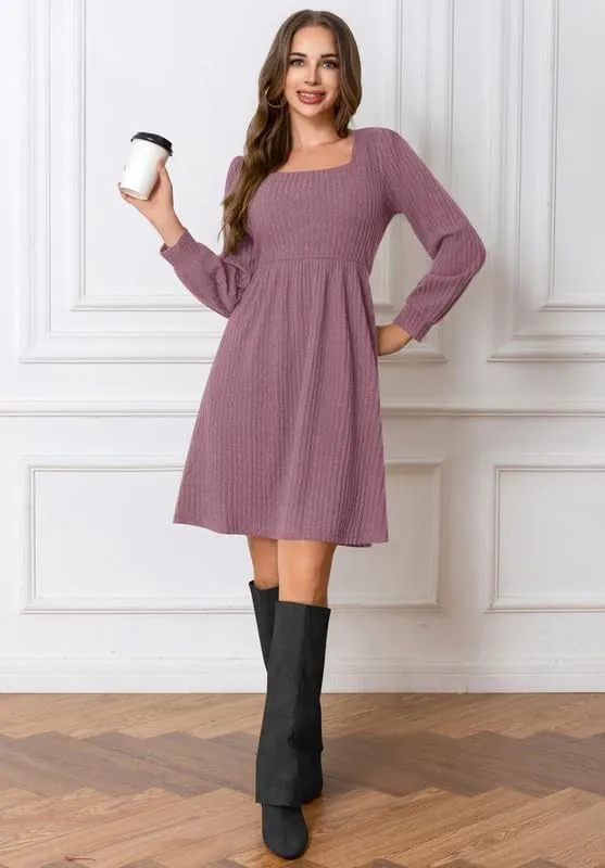 Womens Fall Dresses Knit Sweater Dress with Pockets Square Neck Long Sleeve Dresses with Pockets